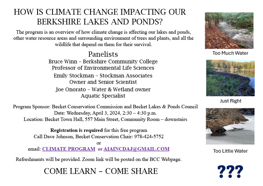 Becket Con Comm Climate Change Panel Lakes &amp; Ponds, April 3, 2024