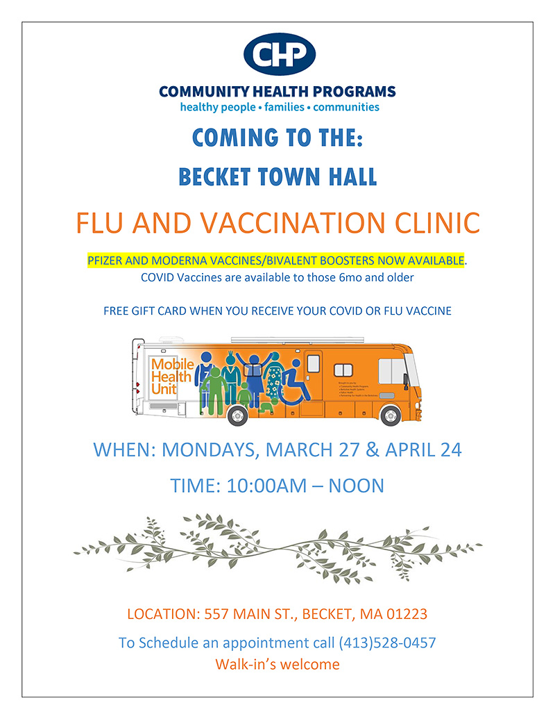 CHP Flu and Vaccination Clinics March 27 and April 24 at Becket Town Hall