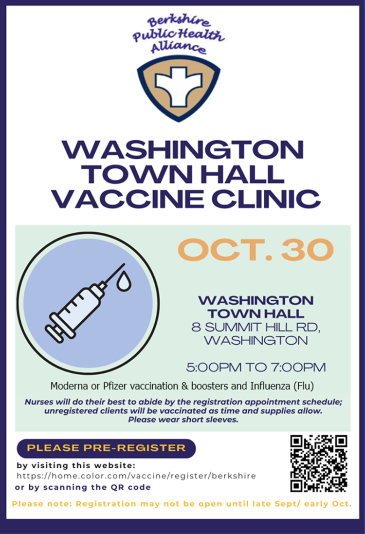 Flu &amp; Covid Vaccination Clinic at Washington Town Hall, Oct 30, 3023